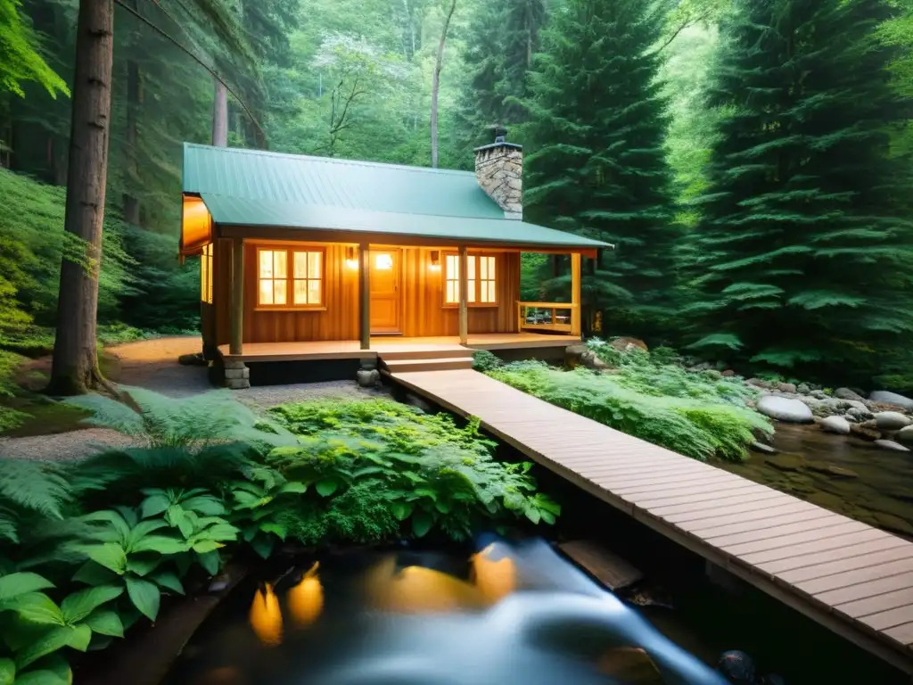 Retiros de meditación para introspección: Cabina en el bosque con arroyo y sendero de piedra, bañada por luz matutina serena