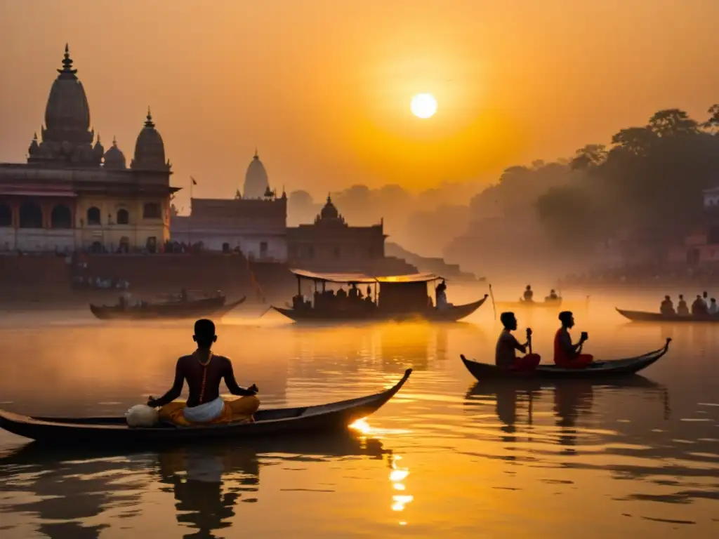 Retiros espirituales en India Upanishads: Amanecer dorado sobre el Ganges, siluetas meditando y antiguos templos de Varanasi