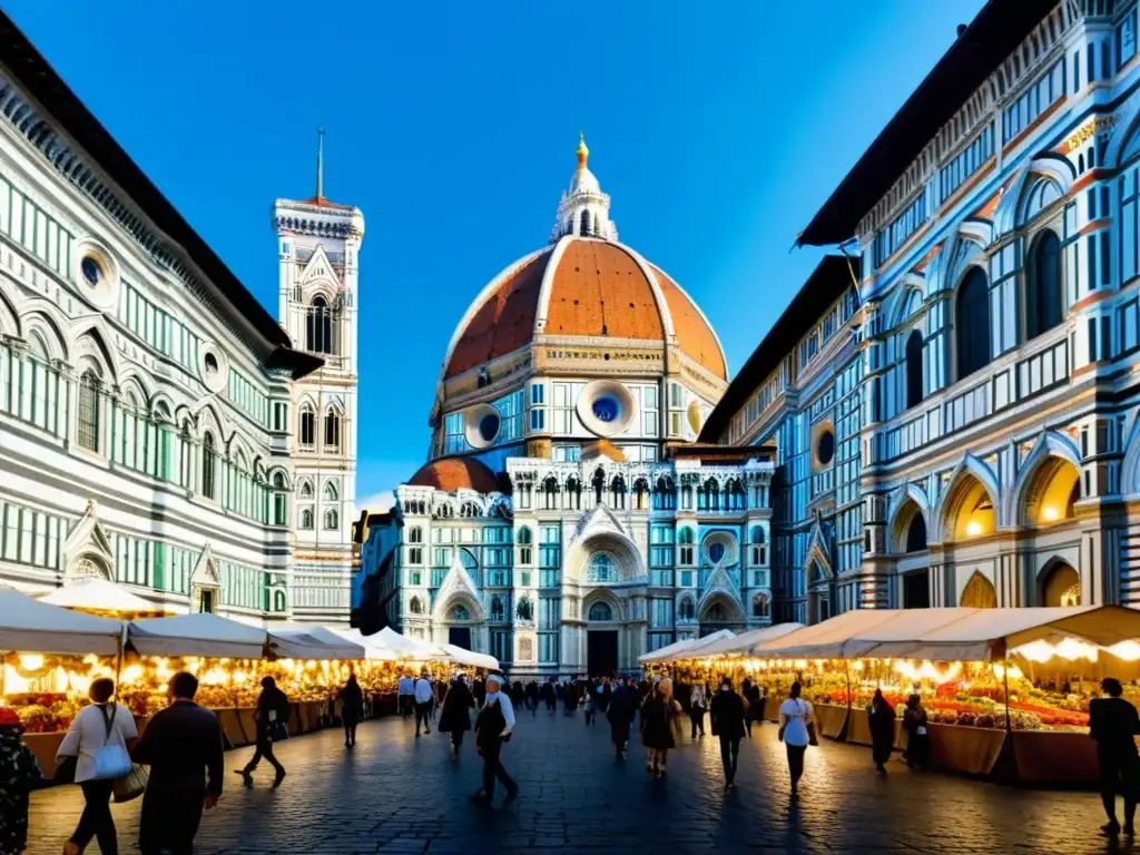 Retiros filosóficos en Florencia Renacimiento: bulliciosa piazza con detallada arquitectura renacentista y gente en vestimenta de época