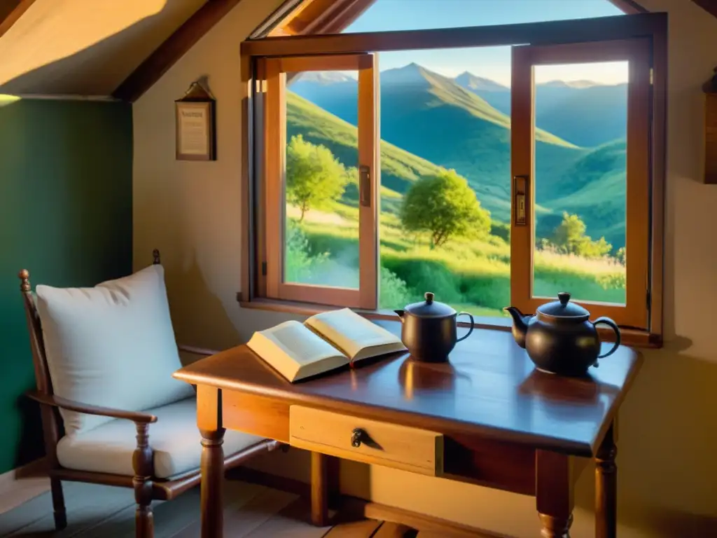 Retiros filosóficos alrededor del mundo: Cabina solitaria entre montañas verdes, con mesa, sillas, té, diario y lentes, bajo el cálido sol