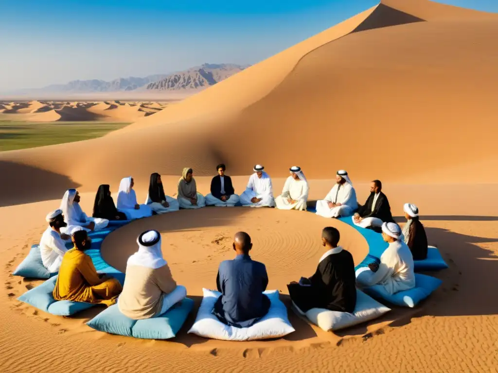 Retiros filosóficos en Oriente Medio: Grupo escucha atentamente a líder en túnicas en círculo en el desierto, bajo cielo azul sereno
