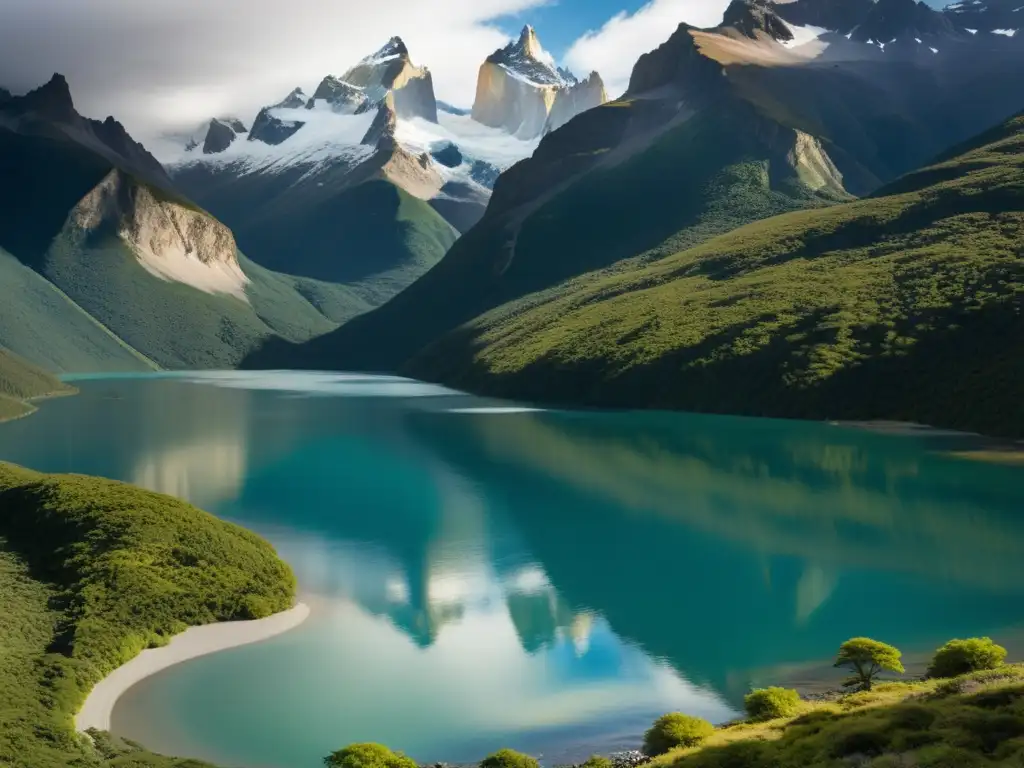 Retiros filosóficos en la Patagonia: paisaje sereno y expansivo, montañas, vegetación exuberante y aguas reflejantes, evocando introspección