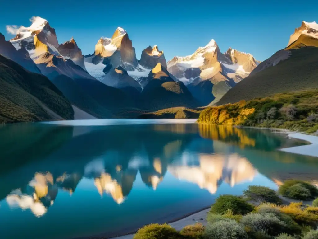 Retiros filosóficos en la Patagonia: majestuosas montañas nevadas, un lago sereno y un amanecer dorado, creando un paisaje de contemplación