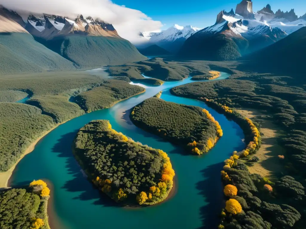 Retiros filosóficos en la Patagonia: Vista aérea de un valle neblinoso entre picos nevados, con río y cabañas rústicas