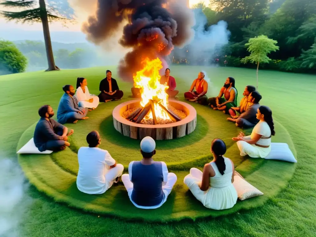 Retiros védicos filosofía hindú inmersión: Ceremonia de fuego védica en un entorno natural, personas cantando y ofreciendo hierbas al fuego