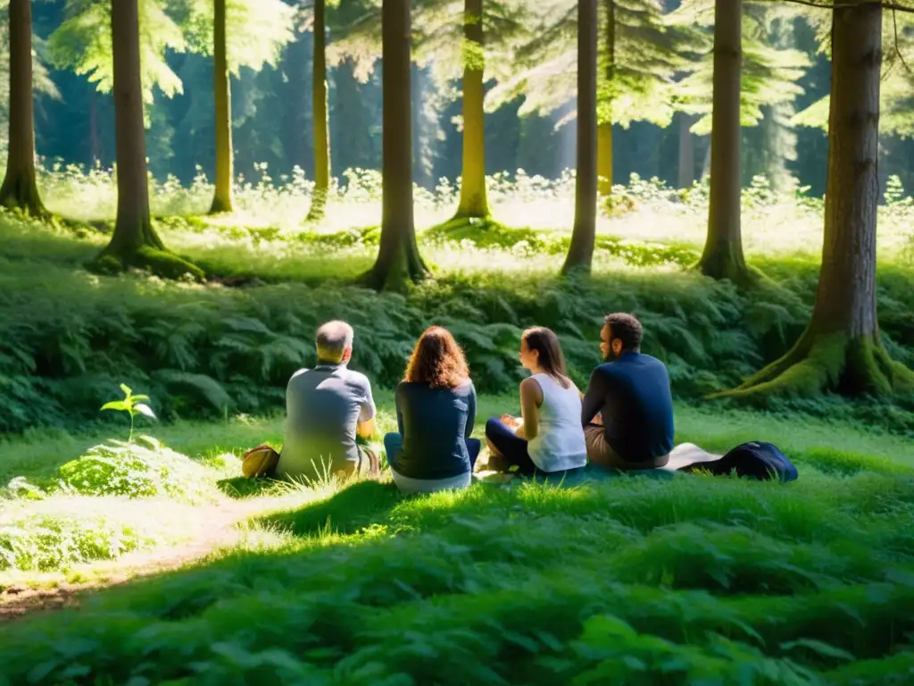 Retiros Heideggerianos Selva Negra: Grupo inmerso en profunda conversación en un claro verde, bajo el sol filtrado entre el dosel del bosque