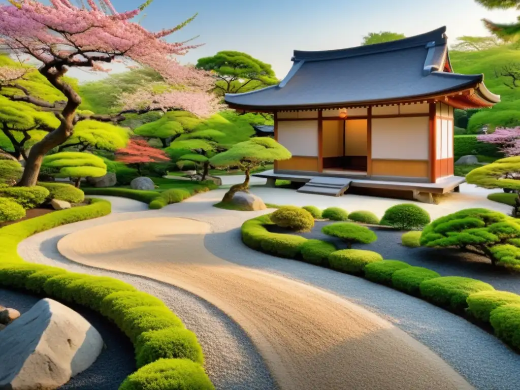 Retiros de meditación Zen en Japón: Un jardín japonés sereno con un tradicional teahouse de madera rodeado de naturaleza exuberante y flores de cerezo
