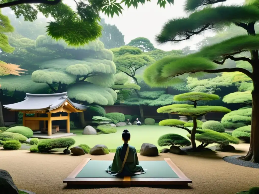 Retiros de meditación Zen en Japón: Sereno jardín japonés cubierto de niebla, con practicantes de meditación en silencio