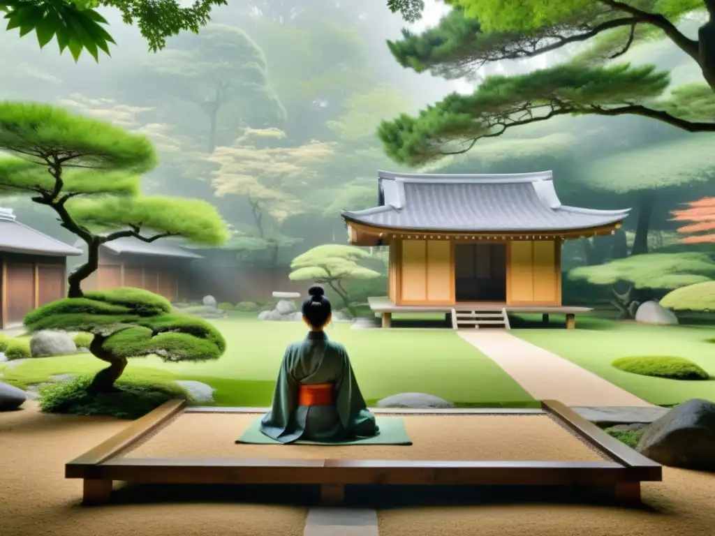 Retiros de meditación Zen en Japón: Jardín japonés sereno con meditadores practicando Zen, rodeados de naturaleza exuberante y una cabaña de madera