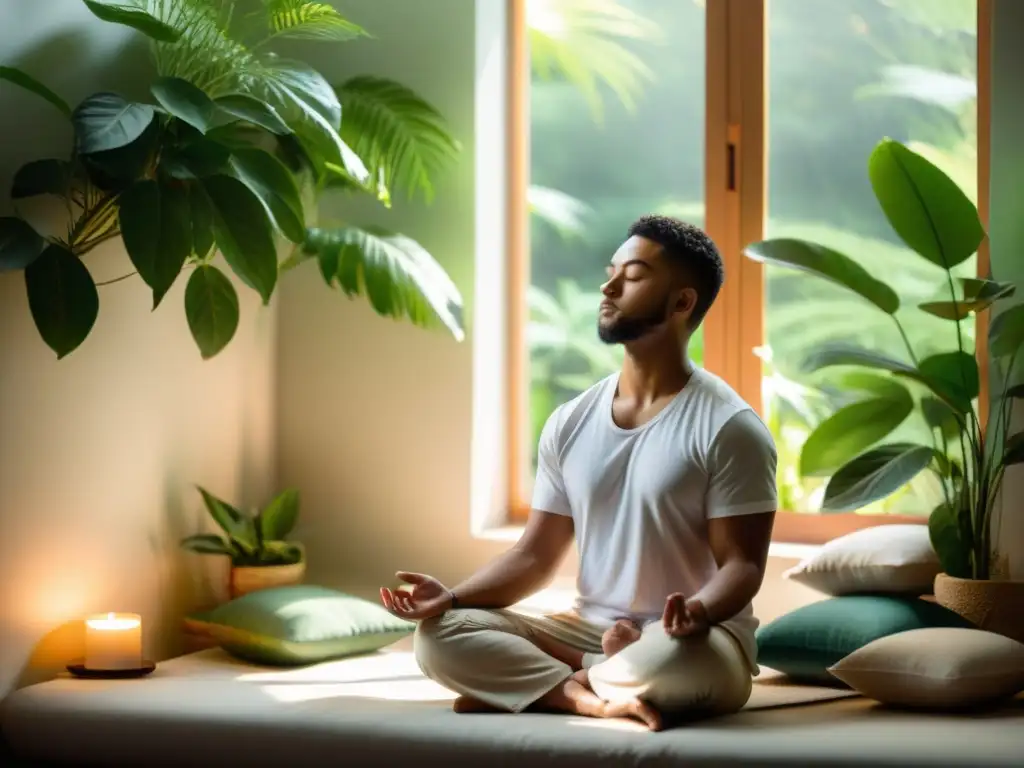 Reto 30 días meditación transforma vida: Persona meditando en un ambiente sereno, bañado por luz cálida y rodeado de plantas verdes
