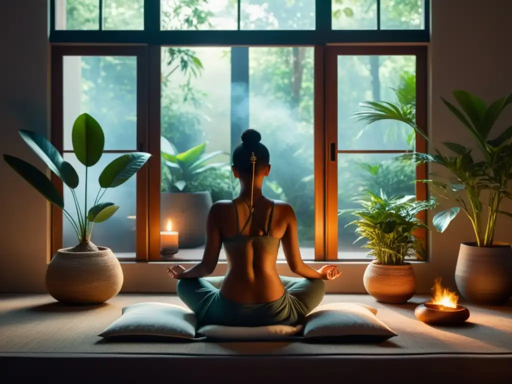 Reto 30 días meditación transforma vida: Persona meditando en habitación serena con luz matutina, rodeada de plantas y incienso