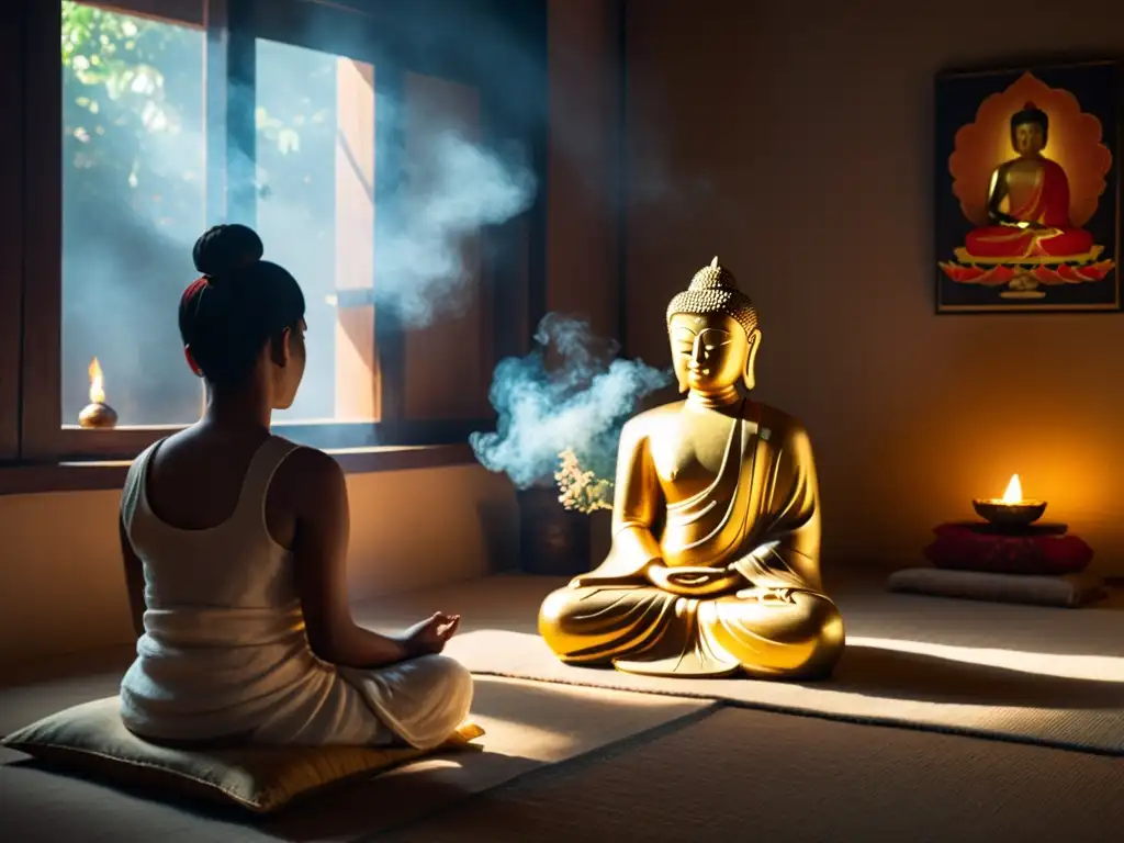 Reto 30 días meditación transforma vida: Persona meditando en habitación iluminada por luz dorada y rodeada de incienso y estatua de Buda