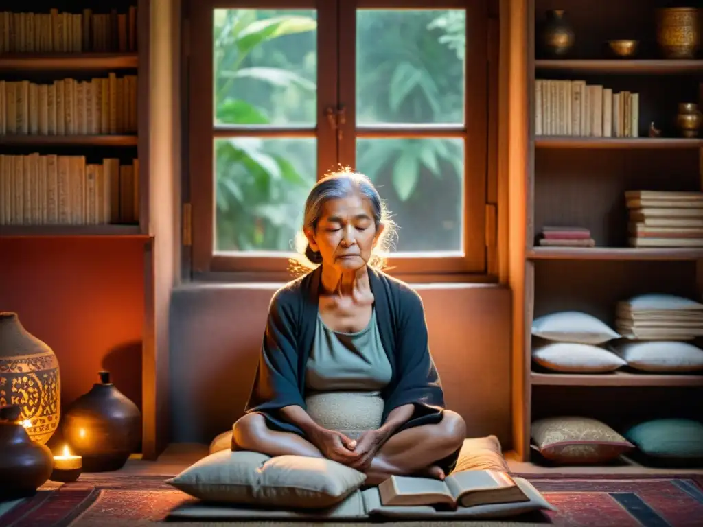Retrato de una anciana meditando en un ambiente tranquilo, rodeada de libros antiguos y tapices, con una sensación de calma y serenidad
