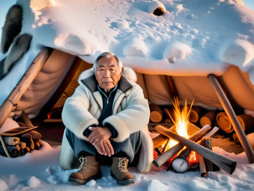 Retrato de un anciano Inuit junto al fuego en un iglú, con artefactos tradicionales