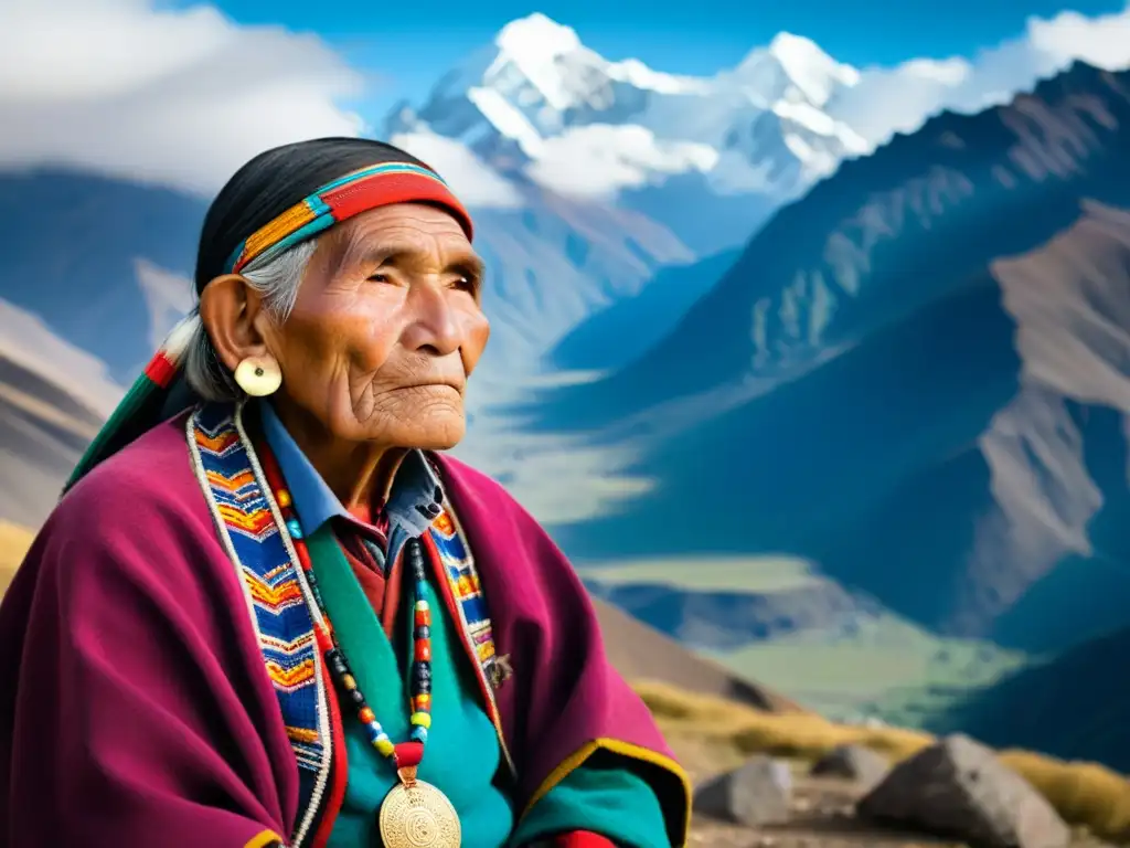 Un retrato de un anciano Quechua con vestimenta tradicional, en armonía con los imponentes picos de los Andes