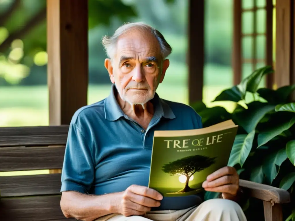 Retrato de un anciano reflexivo sosteniendo 'El árbol de la vida' de Terrence Malick, rodeado de naturaleza exuberante, con un sentido de paz e introspección filosófica