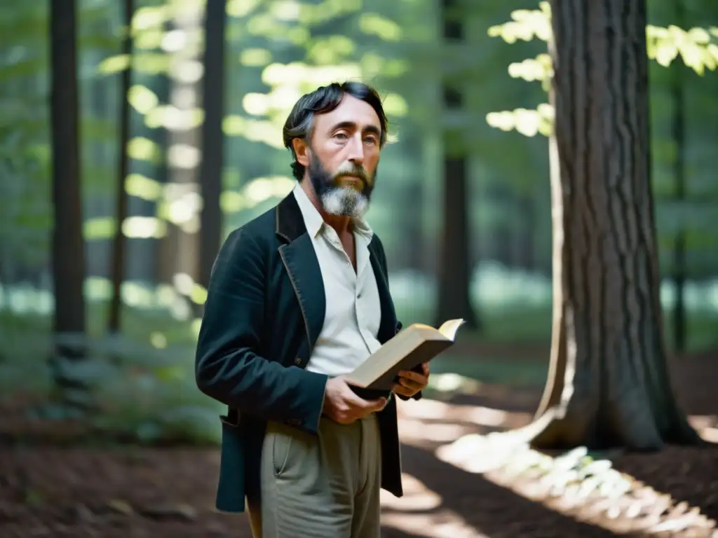 Retrato en blanco y negro de Henry David Thoreau en el bosque, con expresión contemplativa