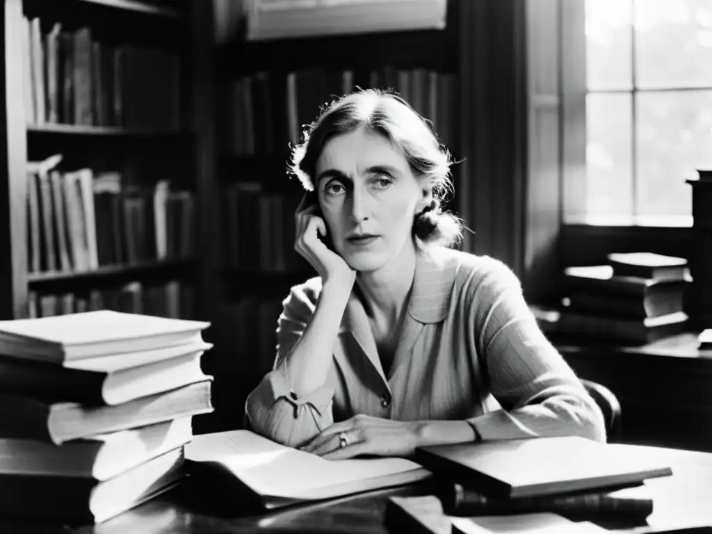 Retrato en blanco y negro de Virginia Woolf en su escritorio, rodeada de libros y papeles, con expresión contemplativa