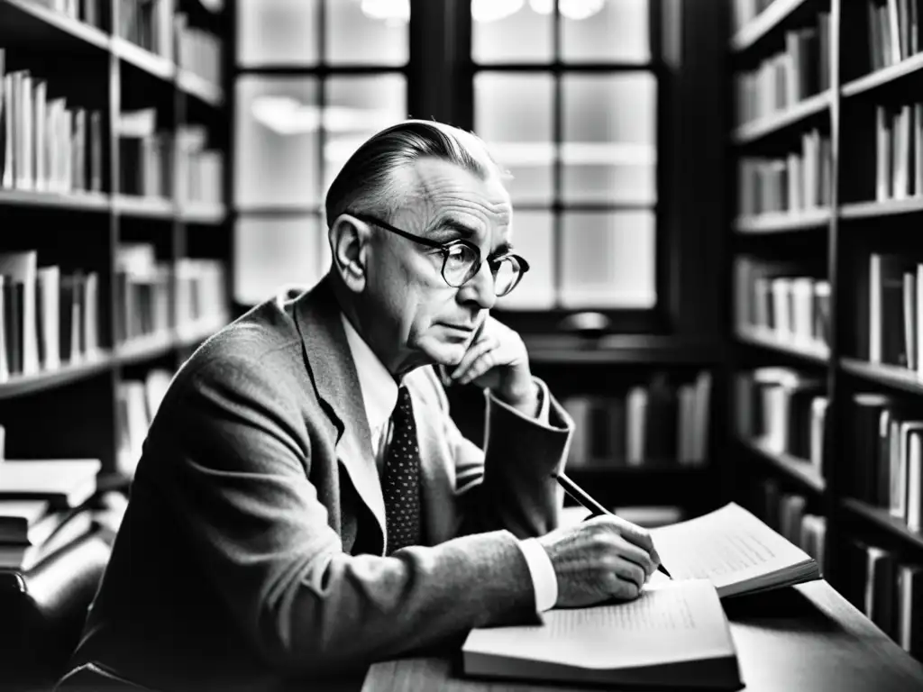Kurt Gödel en su estudio, inmerso en pensamiento profundo Retrato en blanco y negro de Kurt Gödel inmerso en su estudio, rodeado de libros y papeles