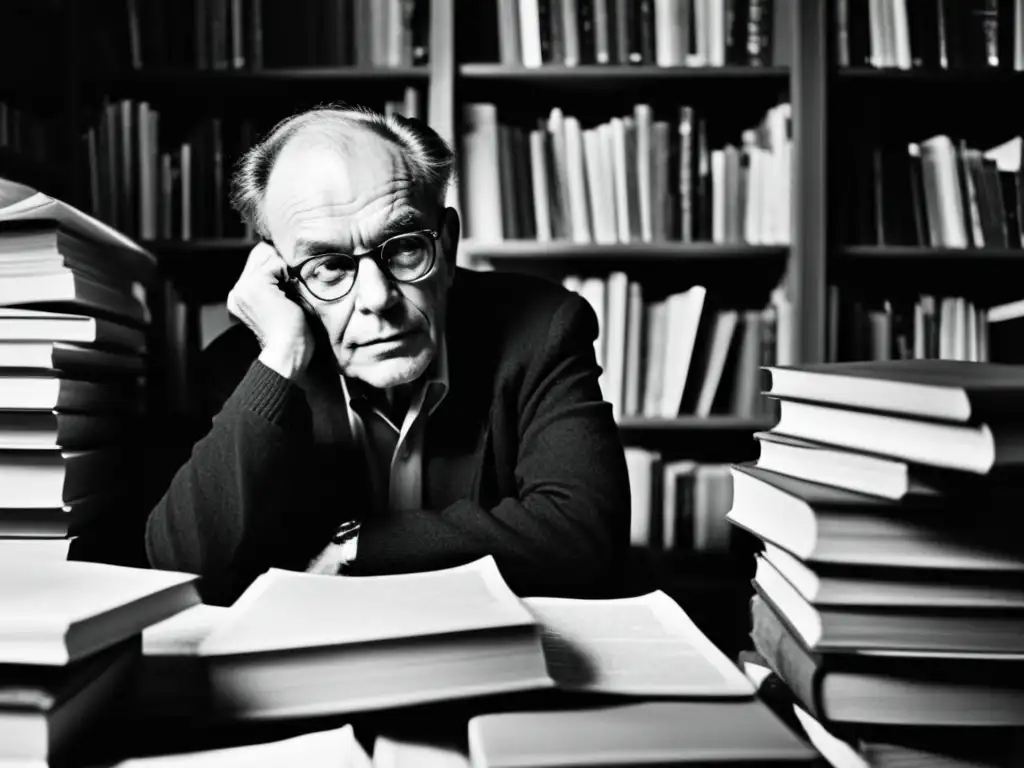 Retrato en blanco y negro de Paul Feyerabend inmerso en su estudio, rodeado de libros y papeles