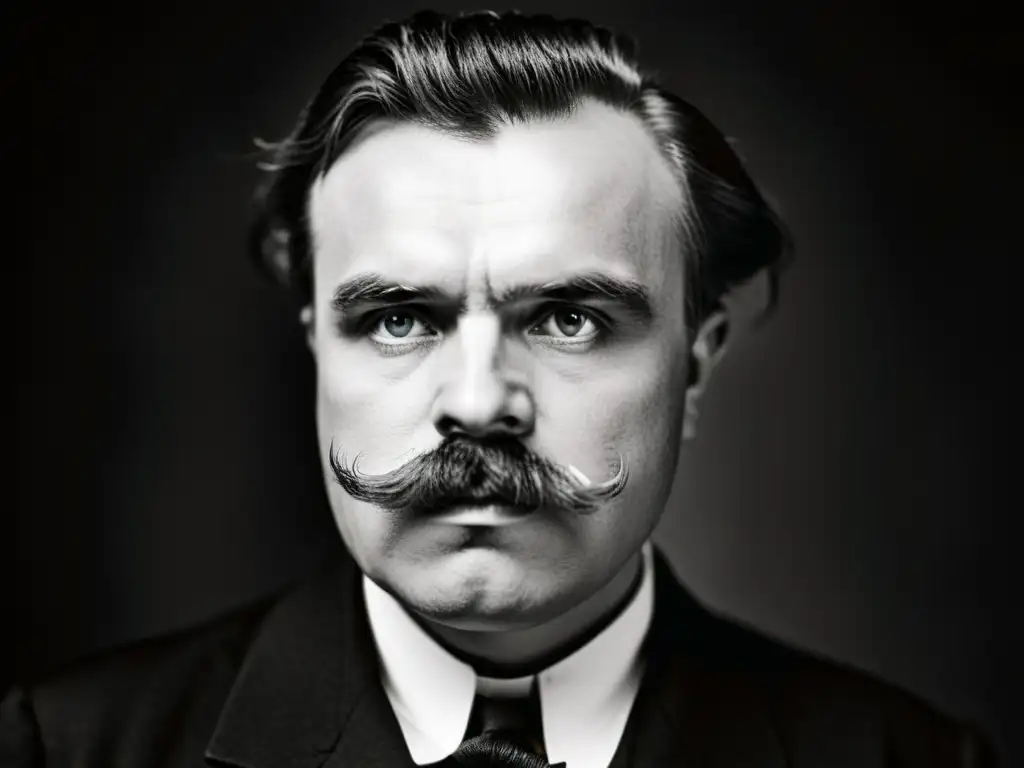 Retrato en blanco y negro de Nietzsche, con intensa mirada reflexiva que destaca su influencia en el subconsciente