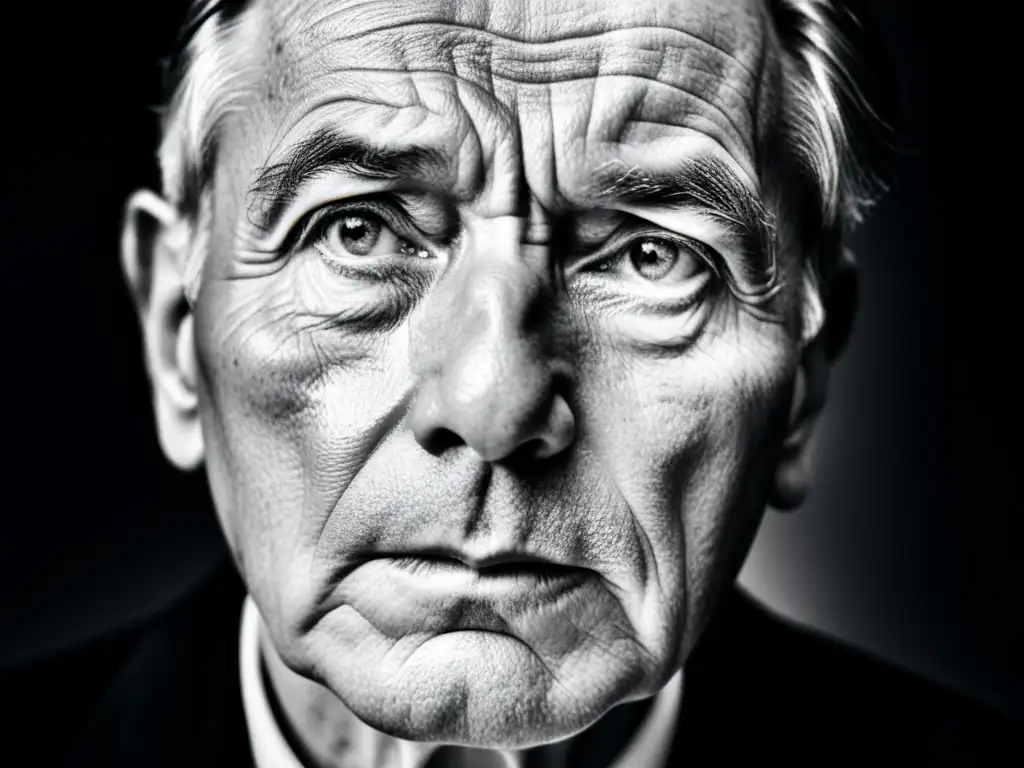 Un retrato en blanco y negro de un líder en un momento de reflexión profunda, con una mirada determinada y llena de sabiduría