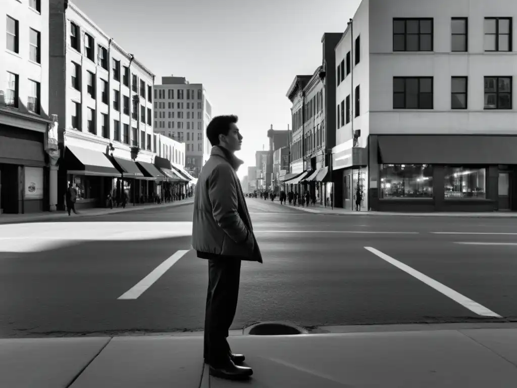 Un retrato en blanco y negro de una persona solitaria en una calle desolada de la ciudad, con expresión de contemplación y determinación