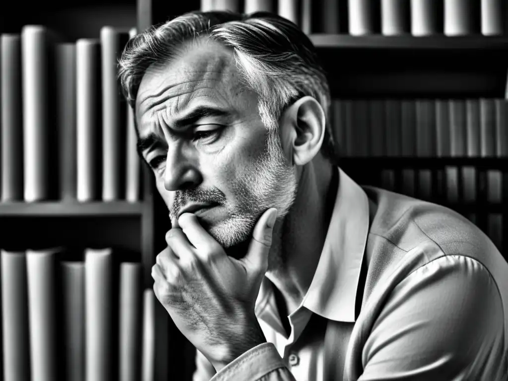 Un retrato en blanco y negro de una persona en profunda reflexión, con una expresión contemplativa y la mano en el mentón