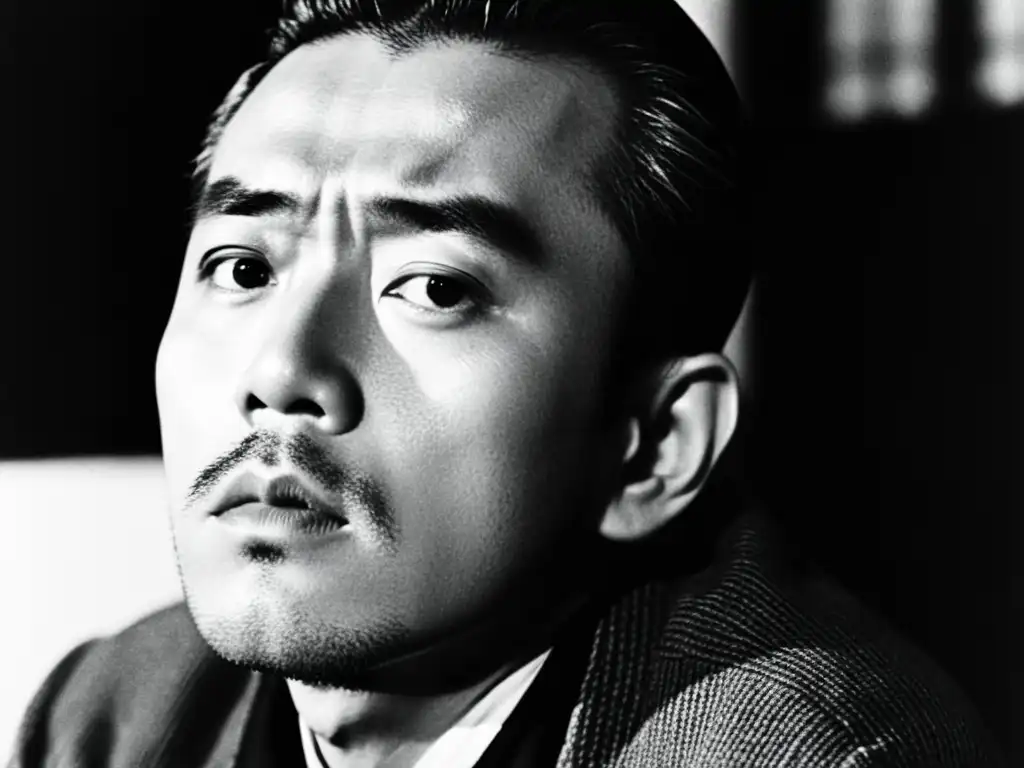 Retrato en blanco y negro del personaje principal, Kanji Watanabe, en 'Ikiru', reflejando su contemplación filosófica y crisis existencial