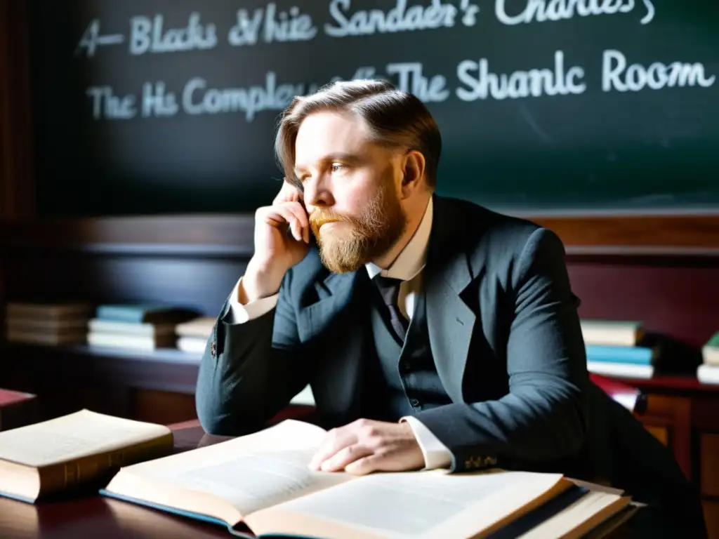 Retrato en blanco y negro de Charles Sanders Peirce inmerso en su estudio, rodeado de libros y papeles