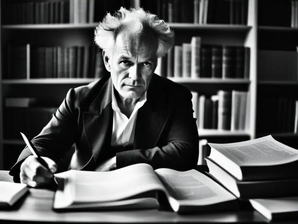 Retrato en blanco y negro de Schopenhauer reflexivo en su escritorio, rodeado de libros