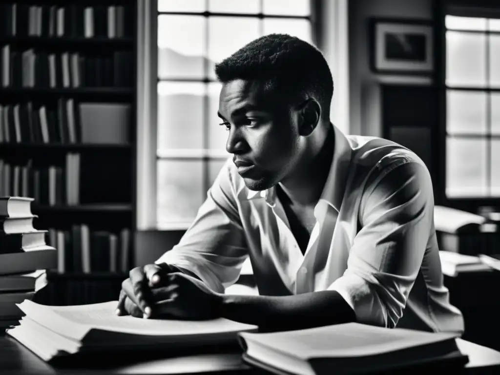 Retrato en blanco y negro de Gabriel Marcel sumido en profundos pensamientos, rodeado de libros y papeles