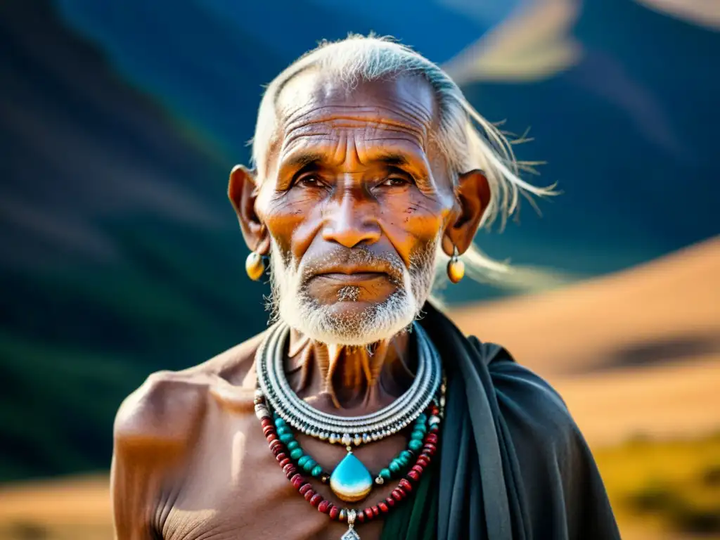 Un retrato detallado de un anciano tribal nómada, con joyas y ropa tradicional, en la naturaleza salvaje