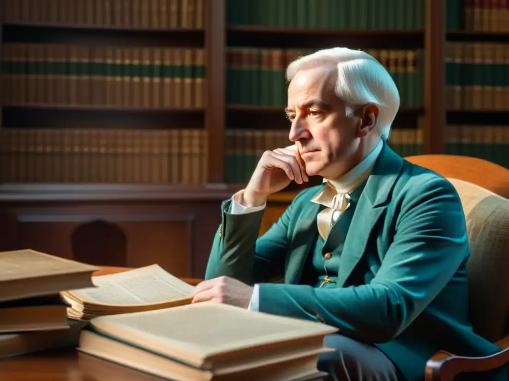 Retrato detallado en 8k de Adam Smith reflexionando en su estudio, rodeado de libros y papeles