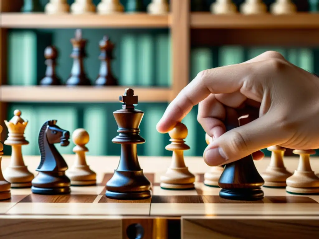 Un retrato detallado de una mano moviendo piezas de ajedrez en un tablero de madera, con una expresión de determinación y enfoque