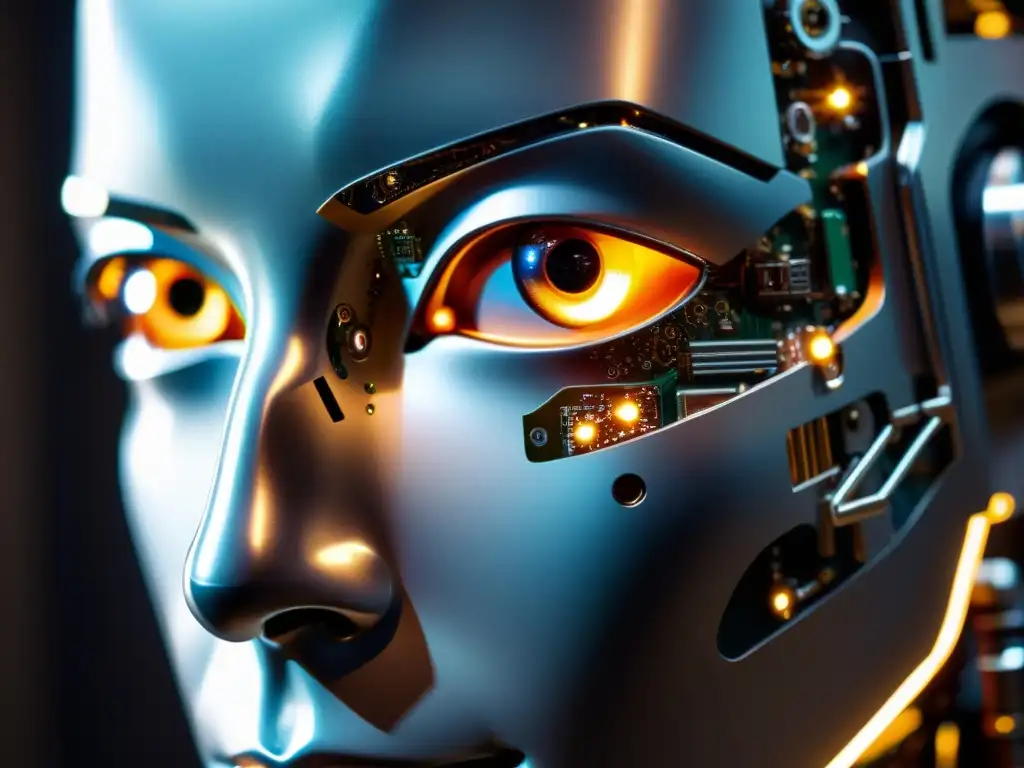 Retrato detallado de un rostro de robot, con circuitos visibles y ojos expresivos, evocando contemplación