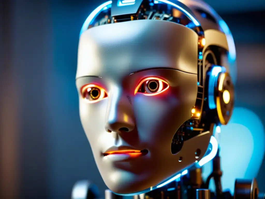 Un retrato detallado de un rostro de robot con circuitos visibles a través de su cráneo transparente