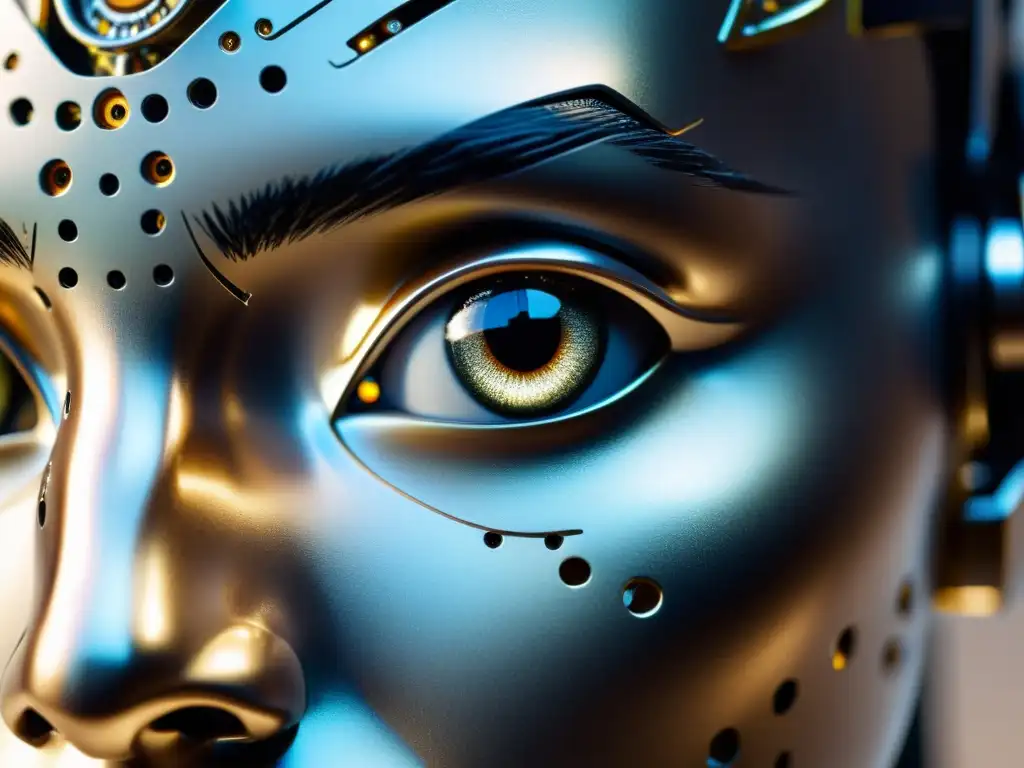 Retrato detallado de un rostro de robot humanoide, con piel sintética realista y detalles metálicos intrincados