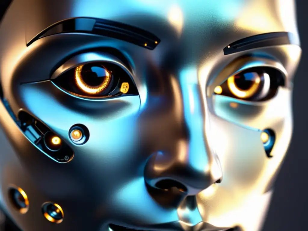 Retrato detallado de un rostro de robot con mirada reflexiva, fusionando tecnología avanzada y rasgos humanos, iluminado con detalle