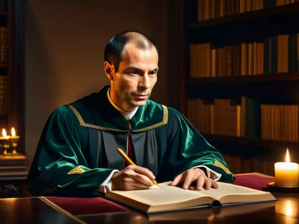 Retrato digital detallado de Niccolò Machiavelli inmerso en la escritura, rodeado de libros y papeles, iluminado por la luz de las velas