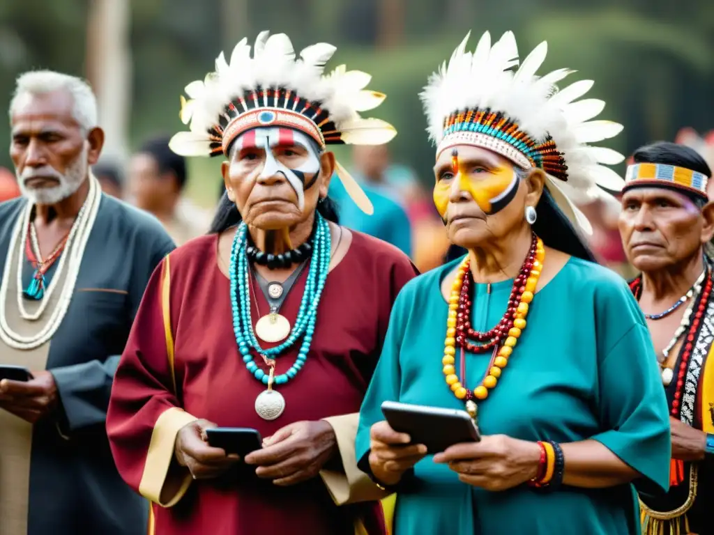 Un retrato documental de ancianos indígenas en ceremonia, rodeados de tecnología moderna