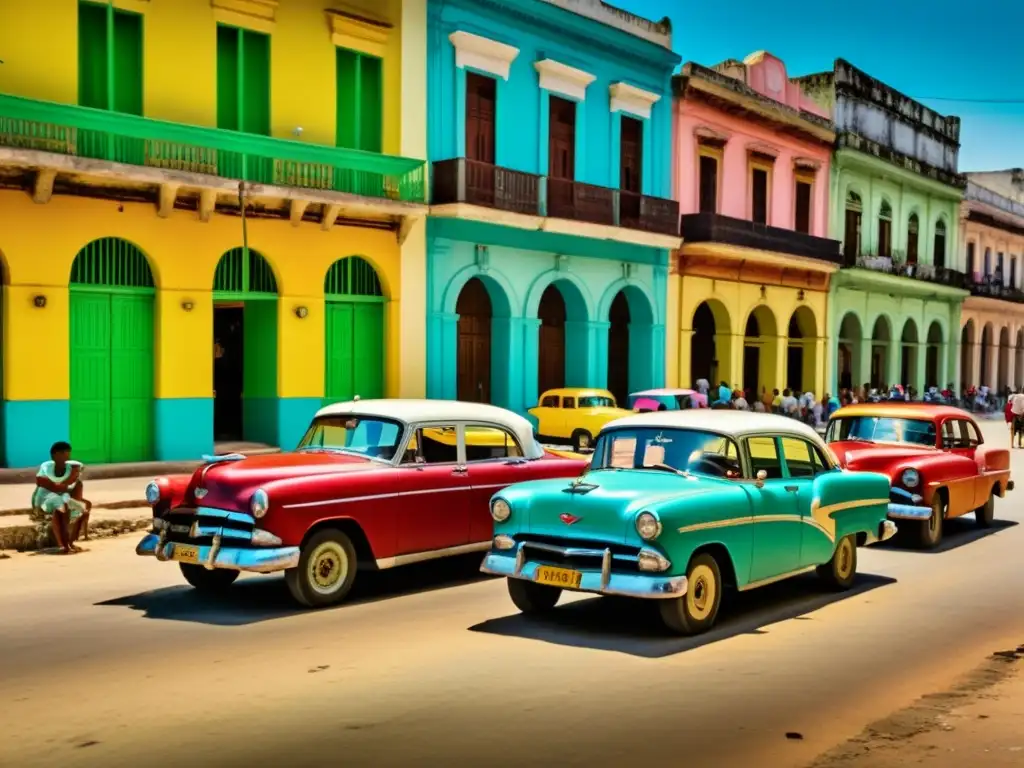 Un retrato documental de una bulliciosa escena callejera en Cuba, con autos vintage, edificios coloridos y locales realizando actividades diarias