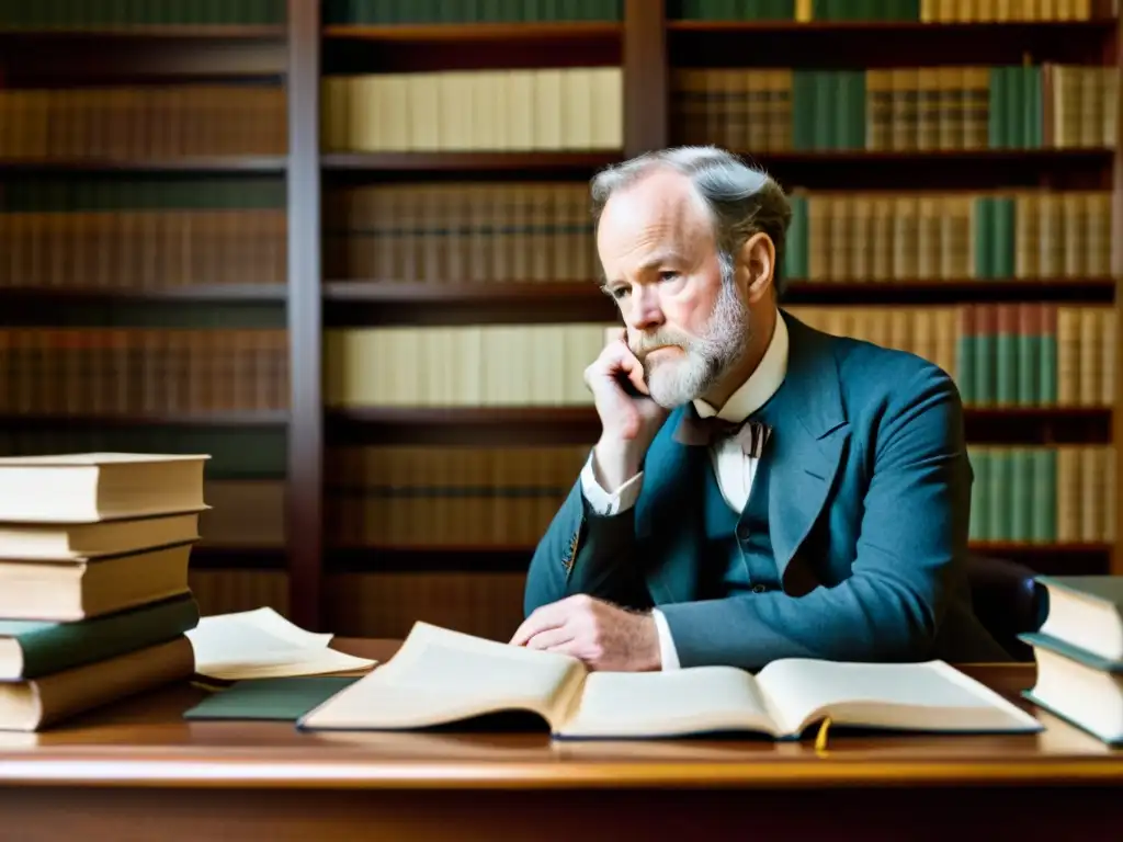 Retrato documental de William James en su escritorio, inmerso en pensamientos filosóficos, rodeado de libros y papeles