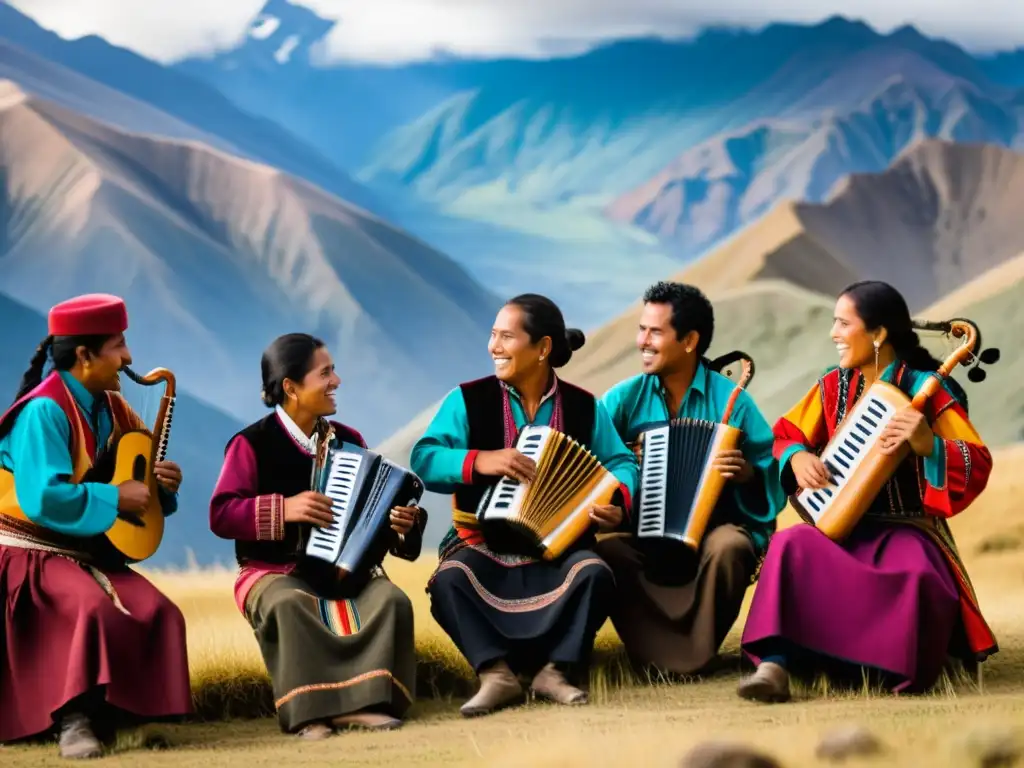 Un retrato documental de músicos andinos tocando instrumentos tradicionales frente a los majestuosos Andes