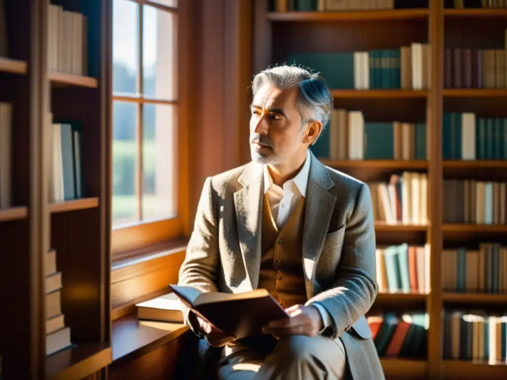 Retrato de un filósofo contemplativo en su estudio, rodeado de libros y arte clásico, con un aire de autoconocimiento filosófico interactivo