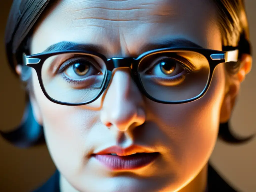 Retrato impactante de Ayn Rand, con determinación en su mirada detrás de unas gafas