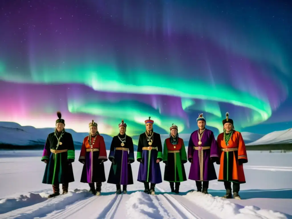 Un retrato impresionante de personas Sami bajo la aurora boreal, con luces verdes y púrpuras vibrantes en el cielo nocturno
