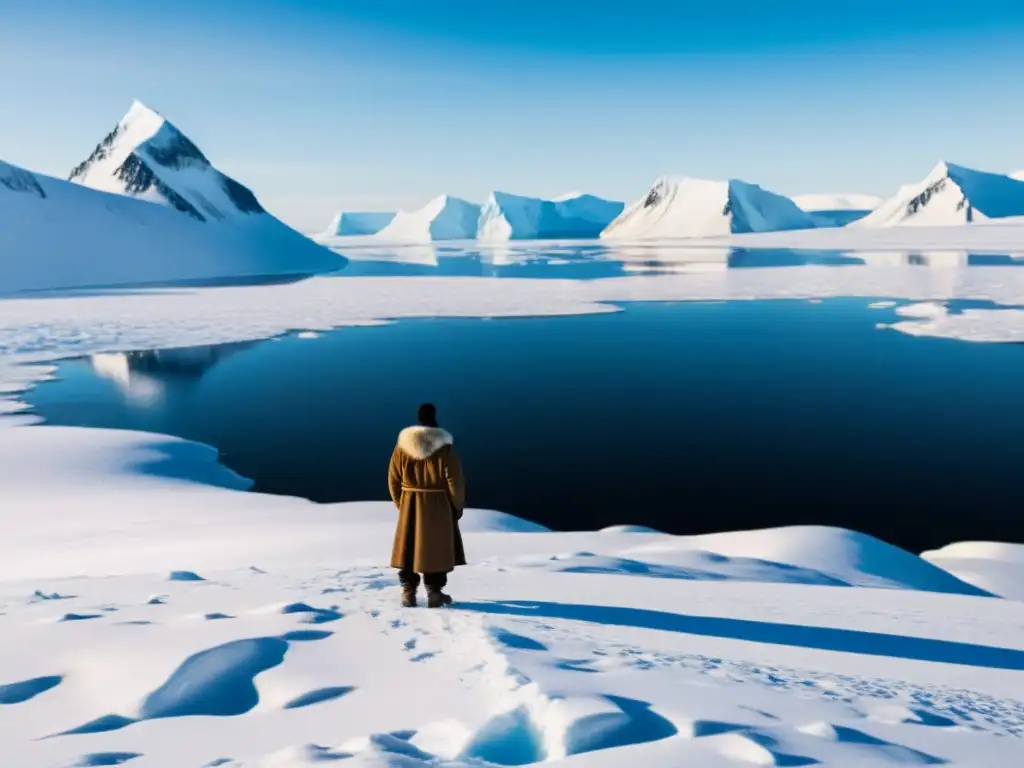 Un retrato impresionante de un solitario en el vasto paisaje nevado del Ártico, vistiendo ropa tradicional inuit