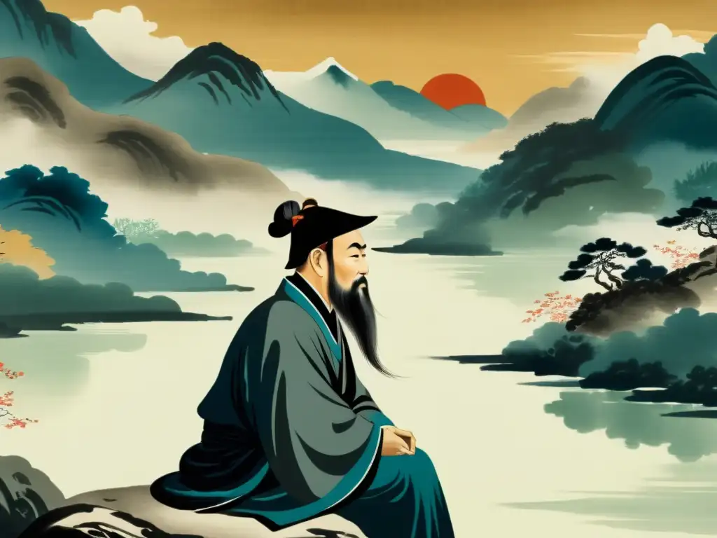 Retrato de un líder virtuoso en Confucianismo, inmerso en reflexión ética y sabiduría, en una pintura china de tinta