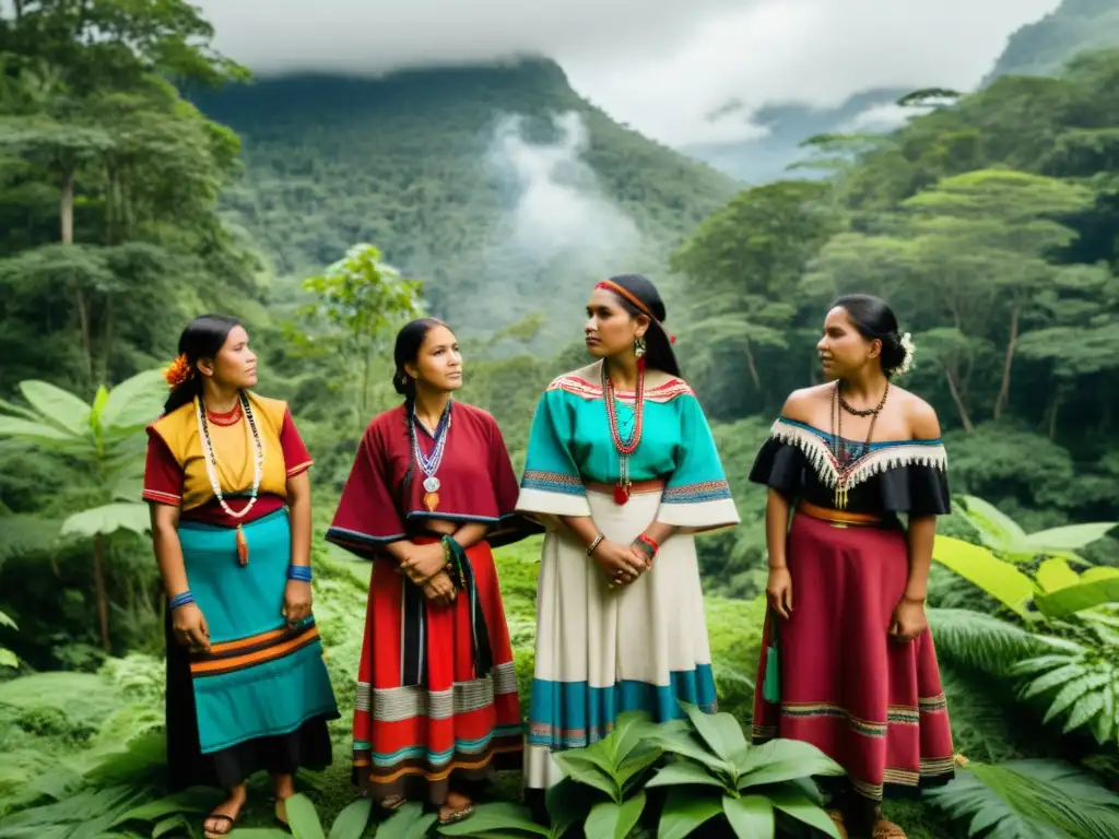 Un retrato de mujeres indígenas en un bosque exuberante, realizando una ceremonia tradicional